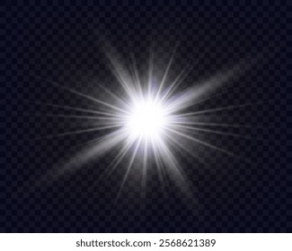 Bright glowing white light with radiant beams and lens flare on a transparent dark background. Perfect for digital, abstract, and modern designs.