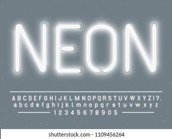 Bright Glowing White Neon Sign Characters. Vector Font With Simple Glow Realistic Light Effects Alphabet Text Letters And Numbers Lamps Template On Gray Background