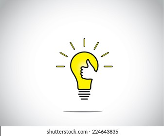 bright glowing yellow idea solution light bulb with young human victory winning thumbs up hand gesture - the winning solution concept achievement illustration artwork