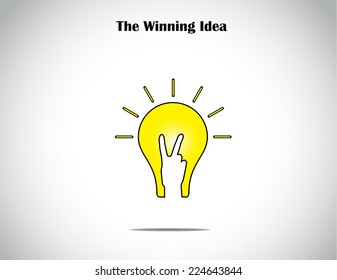 bright glowing yellow idea solution light bulb with young human victory winning hand gesture - the winning solution concept illustration artwork
