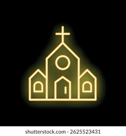 Brilhante edifício de neon amarelo igreja sobre fundo escuro representando religião e fé