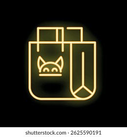 Bright glowing yellow neon sign depicting a paper bag with a bat on it, ideal for halloween promotions or spooky celebrations