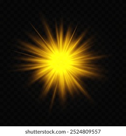 Brillante estallido amarillo brillante aislado sobre fondo transparente. La energía radiante estalla con rayos agudos que se extienden hacia afuera. Abstractas efecto de luz, perfecto para estampas festivas o explosivas.