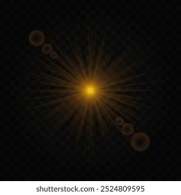 Brillante estallido amarillo brillante aislado sobre fondo transparente. La energía radiante estalló con rayos agudos que se extendían hacia afuera y en círculo. Abstractas efecto de luz, perfecto para estampas festivas o explosivas.