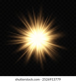 Bright glowing yellow starburst isolated on transparent background. Radiant energy burst with sharp rays extending outward. Abstract light effect, perfect for festive or explosive graphics.