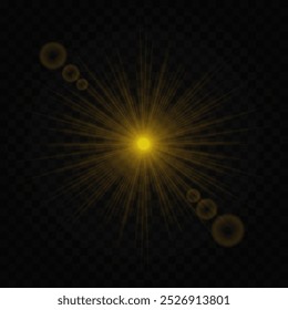 Bright glowing yellow starburst isolated on transparent background. Radiant energy burst with sharp rays extending outward and circle. Abstract light effect, perfect for festive or explosive graphics.