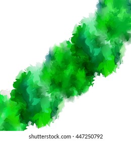 Bright, going from the bottom left to the upper right corner, gold-colored colors of green foliage stream watercolor stains isolated on a white background.