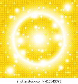 bright gold background of a circular mosaic with shiny rings and flashes of bright light. Vector illustration for design, decoration, presentations