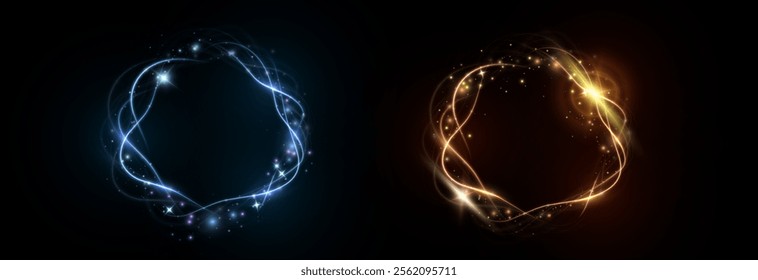 Bright gold and blue glowing sparkling ring with magic vector effect of magical sparkling dust particles. Glow effect for game interface design.