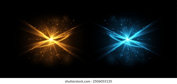 Bright gold and blue light effect. Bright lens flare. Glow effect. Starry flares with shimmering highlights. Beautiful shimmering lens flare light effect. Vector 10 EPS