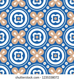 Bright gold circles on mozaic, seamless pattern, native ornament. Gold, blue and white colors.