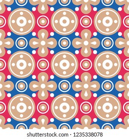 Bright gold circles on mozaic, seamless pattern, native ornament.