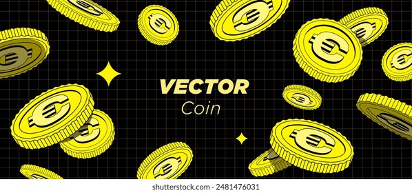 Oro brillante Las monedas están cayendo o volando en el fondo negro. Ilustración de dibujos animados de estilo plano. Se utiliza para juegos de azar, jackpot, banco, ilustración financiera o Anuncios. Vector Monedas voladoras