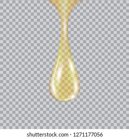 Bright gold drop of oil essence. Vector illustration isolated on transparent background. Shining droplet of serum, honey, collagen