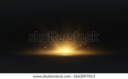 A bright gold flash with horizontal light diffusion and lens flare, isolated on a transparent background, perfect for appearances, explosions, transitions and light strikes.