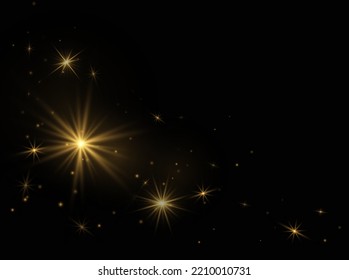 Bright gold flashes and glares. Vector transparent flash light effect, sunlight special lens. 
