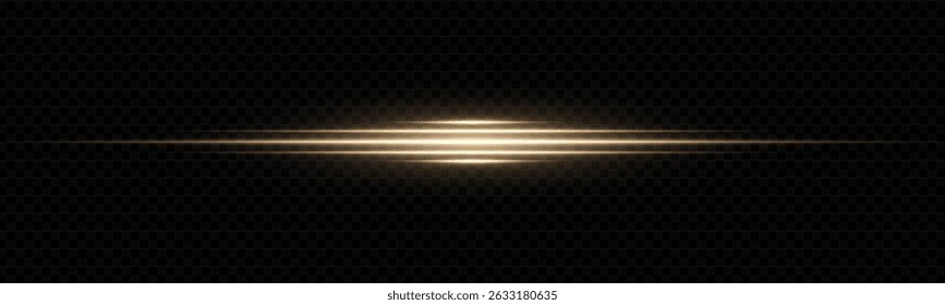 Bright gold laser line with glowing flare and starbeam. Abstract sparkle streak with magic glitter and horizontal shine. Dynamic neon effect for holiday, fantasy or energy design.
