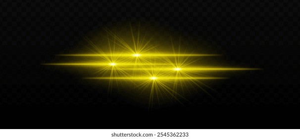 Bright gold light beams with star-like bursts and radiant glow. Horizontal light streaks and glare on dark background, creating a vibrant illumination effect