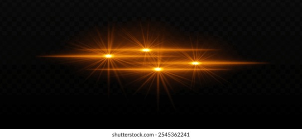 Bright gold light beams with star-like bursts and radiant glow. Horizontal light streaks and glare on dark background, creating a vibrant illumination effect