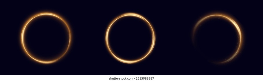 Bright gold light ring with neon effect. Round frame light effect on black background. For web design and illustrations