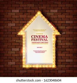 Bright gold marquee with light bulbs on a brick background. Vector retro electric sign with copyspace inside the frame. Retro Cinema sample text. Cool for casino, cinema, disco or party advertisement.