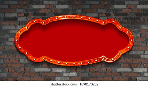 Bright gold marquee with light bulbs on a brick background. Vector retro electric sign with copyspace inside the frame. Retro Cinema sample text. Cool for casino, cinema, disco or party advertisement.