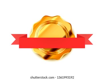 Bright gold retro label, luxury badge with red tape isolated on white