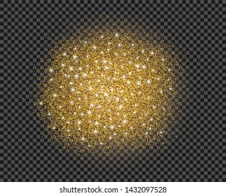Bright gold scattered dust, around the circumference with a shimmering, luminous stars. Illustration, template for holiday, anniversary, wedding, Christmas. Vector isolated.