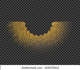 Bright gold scattered dust, around the circumference with a shimmering, luminous. Illustration, template for holiday, anniversary, wedding, Christmas. Vector isolated.