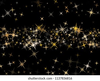 Bright gold star dust sparkle vector background. Glitter stardust confetti, shining sparkles pattern design on black. Glittering gold stars vector, tinsel lights background. Poster backdrop.