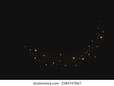 Bright gold or yellow dust trail with star shaped sparkles on dark transparent background. Shining light effects. Golden flash with glittering dust particles