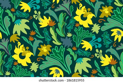 Bright gold zucchini flowers and grass on dark green background hand-drawn in naive casual doodle style. Summer positive seamless pattern for cozy home textile, dress fabric, child wallpaper design