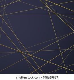 Bright golden art-deco frame over dark blue background. Gold polygonal texture card with a geometric pattern. Geometric thin line shape modern minimalistic fashion design style. Vector illustration