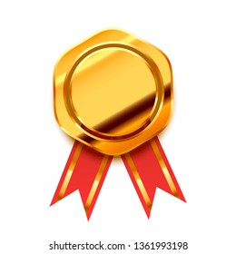 Bright golden award with red tape, glossy winner badge isolated on white