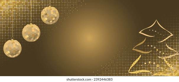 Bright golden background with Christmas tree, decoration glossy baubles. Gold dust texture with sparkles. Vector illustration for holiday template, greeting card, copy space inscription, flier, banner