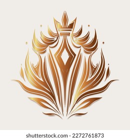 Bright golden badge. Stylized emblem, sword, shield and crown.