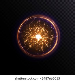 Bright golden ball lightning Strong electric charge of energy in one ring. Web design element for text advertising, cards, screensavers, websites, games. Mordor. Vector
