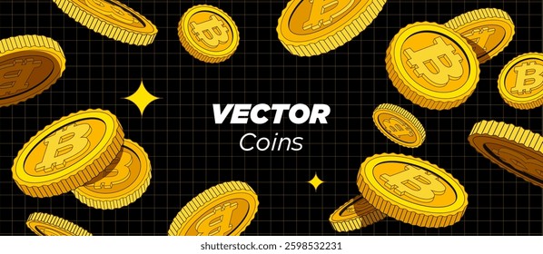 Bright golden bitcoins are falling or flying in dark background. Cartoon money in flat style. Use for gambling games, jackpot, bank, financial illustration or banners. Vector. Isolated elements.