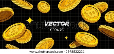 Bright golden bitcoins are falling or flying in dark background. Cartoon money in flat style. Use for gambling games, jackpot, bank, financial illustration or banners. Vector. Isolated elements.