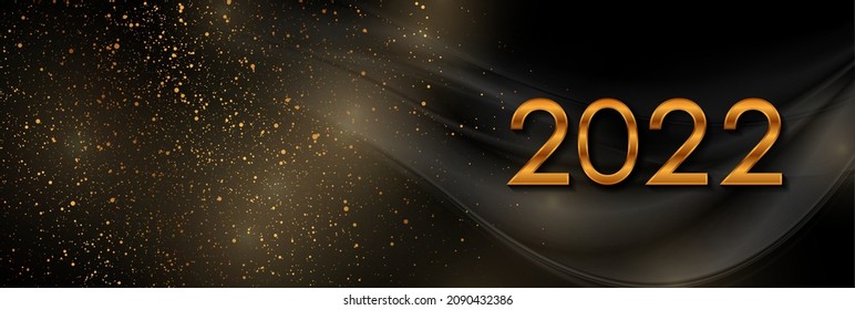 Bright golden and black abstract 2022 New Year background with sparkling dust and smooth waves. Vector banner design