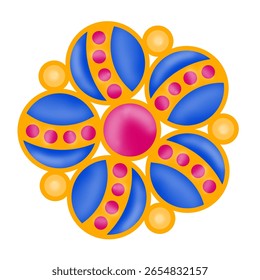 Bright Golden Blue-Red Earring Illustration. Jewellery Design. Isolated Central Floral Element. Ethnic Diamond or Gems Jewellery Design.  Emblem Vector. Colorful Embroidery Template. Decoration.