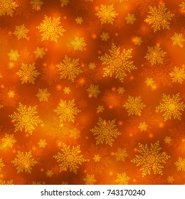 Bright golden Christmas background, seamless pattern with snowflakes. Vector illustration