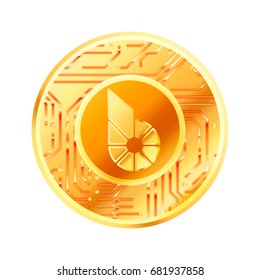 Bright golden coin with microchip pattern and BitShares sign. Cryptocurrency concept isolated on white