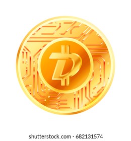 Bright golden coin with microchip pattern and Digibyte sign. Cryptocurrency concept isolated on white