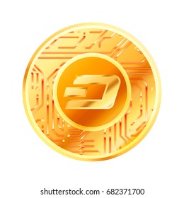 Bright golden coin with microchip pattern and Dash sign. Cryptocurrency concept isolated on white