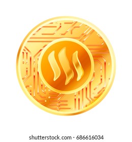 Bright golden coin with microchip pattern and Steemit sign. Cryptocurrency concept isolated on white