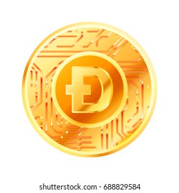Moneda de oro brillante con patrón de microchip y signo Dogecoin. Concepto de criptomoneda aislado en blanco