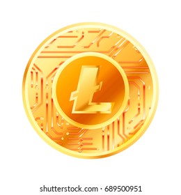 Bright golden coin with microchip pattern and Litecoin sign. Cryptocurrency concept isolated on white