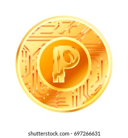 Bright golden coin with microchip pattern and Peercoin sign. Cryptocurrency concept isolated on white