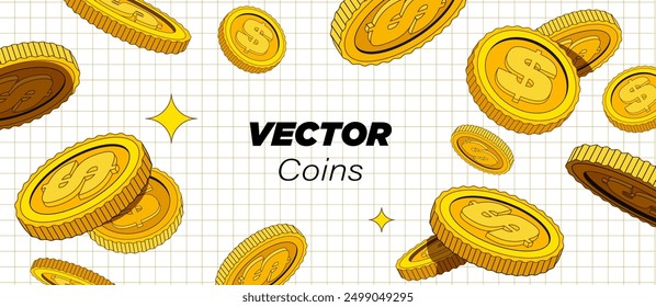 Las monedas de oro brillantes están cayendo o volando en el fondo blanco. Dinero de dibujos animados en estilo plano. Uso para juegos de azar, jackpot, banco, ilustración financiera o Anuncios. Vector. Elementos aislados.